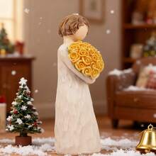Christmas Figurine With Yellow Rose Bouquet - Festive Decorative Statue, Handcrafted Resin Ornament For Holiday Ambiance,Christmas Decoration Room Decoration Christmas - 黃色 - 查看 4