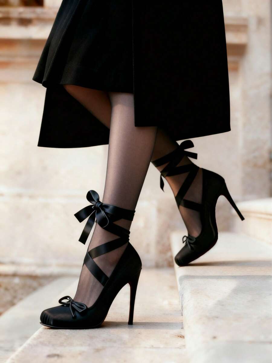 Ballet Mary Janes High Heels For Women Square Toe Satin Lace Up Ballerina Stiletto Heels With Bow Elegant Wedding Party Pump Heels For Women  - 1 Đen - Xem 1