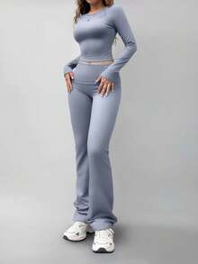 Women's Casual Round Neck Long Sleeve T-Shirt And Pants Set, Versatile For Spring - Baby Blue - View 3