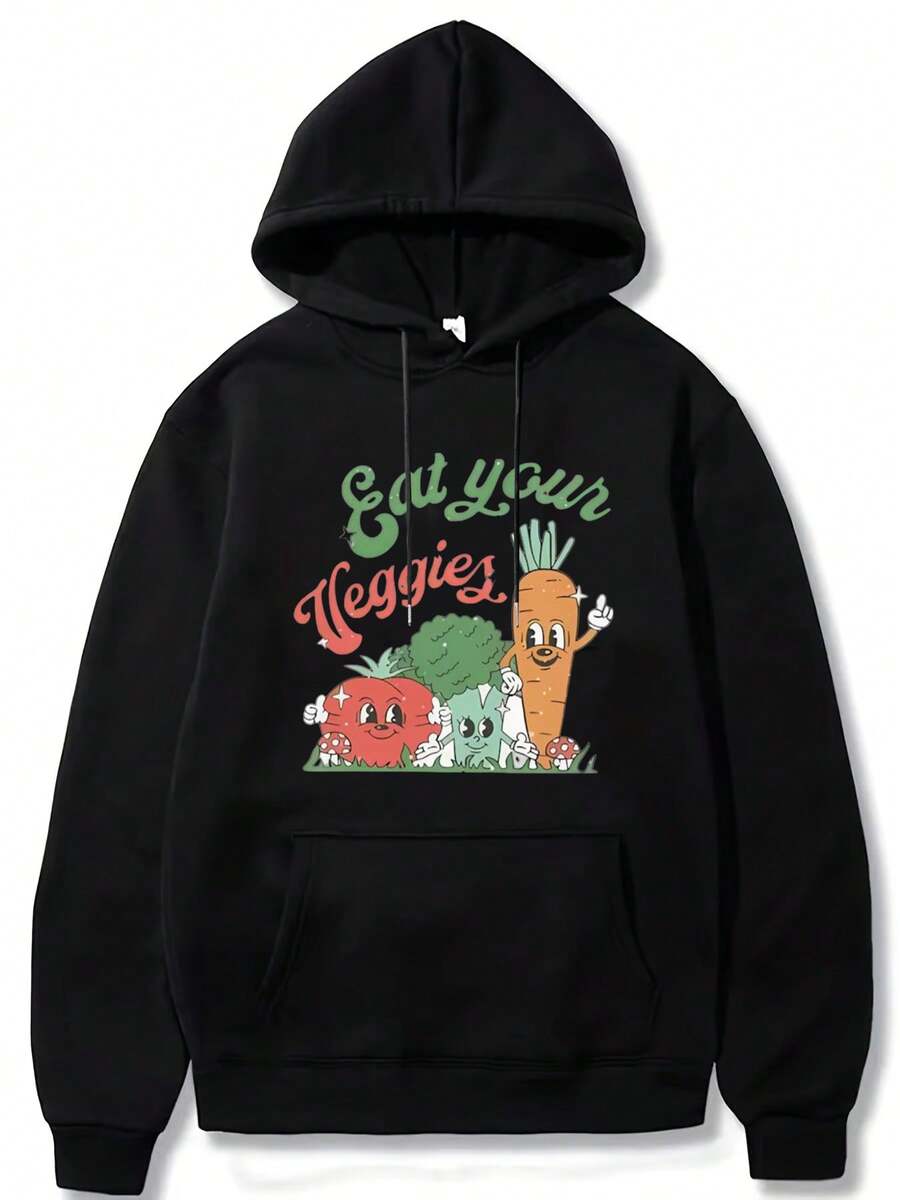 Retro "Eat Your Veggies" Happy Cartoon Vegetables Graphic Print Pure Cotton T-Shirt For Women - Black - View 1