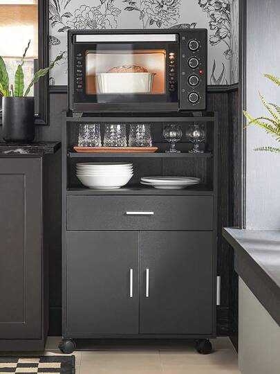 SoBuy FSB09 SCH, Mobile Kitchen Cabinet Microwave Oven Storage Trolley Dining Room On Wheels, Zwart