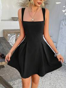 Women's Summer Square Neck High-End Elegant Bowknot Sexy Backless Vacation Solid Color Dress,Tea Dress,Guest Dress - 黑色 - 查看 2