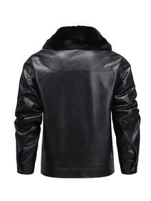 Thermal Lined Warm Motorcycle Jacket For Men, Simple Versatile Waterproof Thick Collar Leather Coat, Winter - Black - View 3
