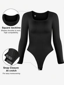 1pc Women's Seamless Long Sleeve Scoop Neck Jumpsuit With Thong Back Design, Flat Belly, Shapewear Jumpsuit, Waist Cincher - Black - View 4