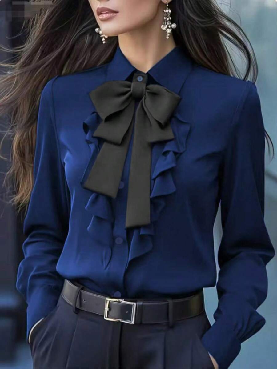 女士优雅荷叶边蝴蝶结长袖衬衫 - 纯色，长袖，前襟纽扣设计，适合通勤和休闲穿着，休闲衬衫 | 优雅上衣 | 荷叶边蝴蝶结细节 春季 - 藍色 - 查看 1