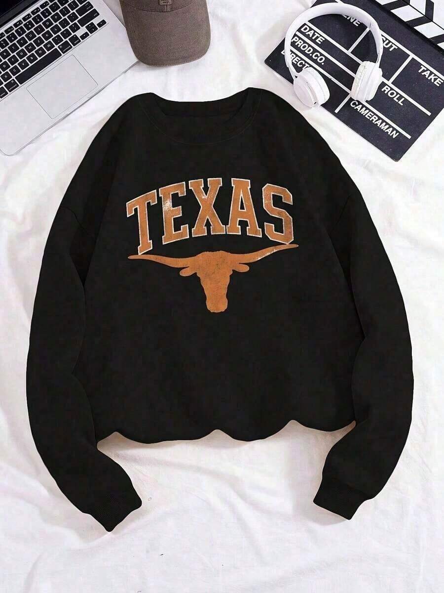 New Women's Sweatshirt Women's Texas Longhorns Graphic Sweatshirt - Retro Long Sleeve Pullover With Bold Orange Lettering & Longhorn Horns Design, Casual Round Neck Sweater Casual Attire & Game Day S,Loose And Comfortable - màu đen - Xem 1