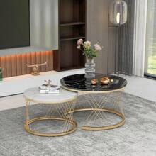 Set Of 2 Modern Nesting Coffee Tables, Marble Veneer, Nesting Style, Round, With Gold Frame. - Light Grey - View 9