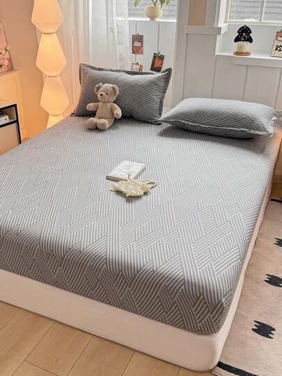 3pcs Bedding Set, Gray Striped Geometric Pattern, Soft & Comfortable Bedding, Includes 1pc Fitted Sheet And 2pcs Pillowcases, No Filling, Suitable For Dorm, Bedroom, Home Use, Multiple Sizes Available