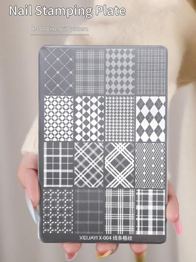 XEIJAYI 1pc Nail Stamping Plate 30 Patterns, Plaid & Geometric Nail Art Stencil, Metal Stamping Plate For Professional Manicure, DIY Nail Design Tool With Color Card