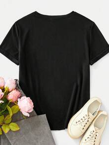 Women's New Year Printed Short Sleeve T-Shirt, Fashionable And Comfortable Holiday Party Outfit, Black Top For Summer