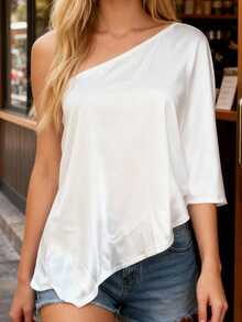 Women's Off One Shoulder Tops Fashionable Solid Color Dolman Sleeve Loose Fit Shirts - White - View 4