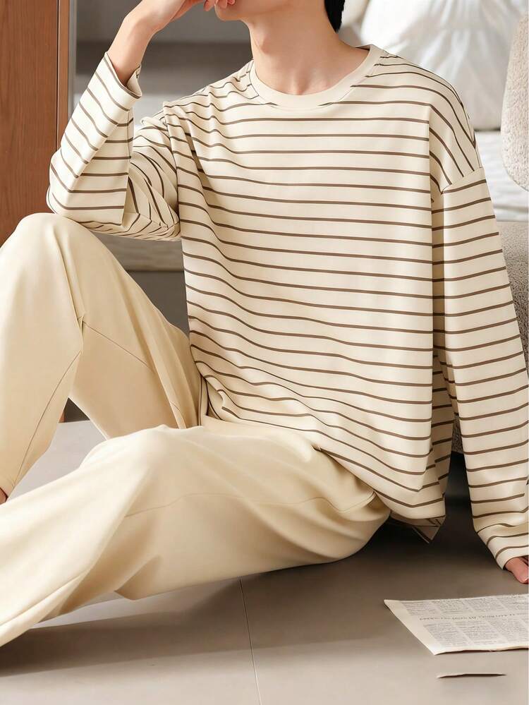 AICJ 2pcs Men Casual Loose Pajama Set, Striped Round Neck Long Sleeve Pullover Top And Long Pants, Knit Fabric, Suitable For Party, Home, Travel, Spring/Autumn/Winter - Beige - View 1