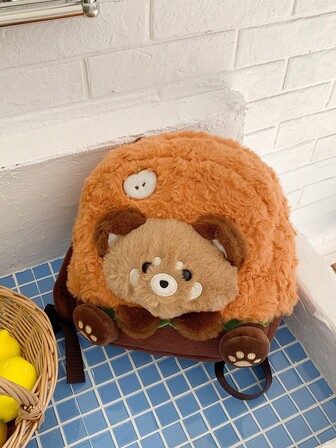 1pc Kids Bear Plush Backpack With Zipper Closure, Cute For Boys And Girls, Suitable For Everyday Use In Autumn/Winter