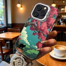 Funda de Teléfono Diseño de Paisaje de Árbol de Cerezo Rosa y Gato Negro para iPhone 14 13 12 11 Pro Max y  Galaxy S23 S22 S21 Plus Opción de Regalo Ideal para Todas las Estaciones - Plateado - Ver 6