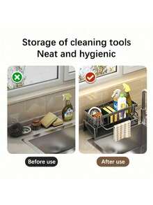 The "Drain Rack Disappears" Trick: Your Countertop Will Be Free Of Water Stains! This 1-Piece Stainless Steel Kitchen Sponge Rack/Soap Holder Is An Efficient Drainer And Sink Organizer With A Separate Towel Bar. It's Mold- And Rust-Resistant, Features A Slanted Design To Prevent Water Accumulation, And Is Sturdy, Durable, And Long-Lasting. It's The Perfect Kitchen Accessory For Storing Sponges, Soap, Brushes, And Towels. - 黑色 - 查看 3