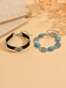 Set de 2 pulseras de mujer con cuentas de turquesa en estilo retro occidental, accesorios de joyería de moda adecuados para sesiones de fotos y viajes al aire libre - Multicolor - Ver 2
