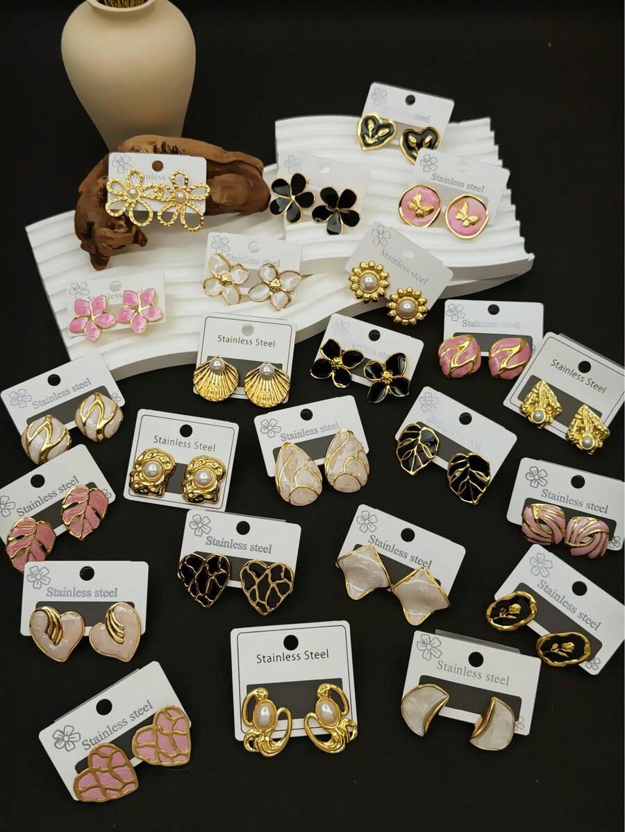 18pcs Stainless Steel Jewelry Set For Women - Earring Set, Rust-Resistant And Durable, Suitable For Weddings, Parties, Daily Wear, All Seasons. An Ideal Gift Choice For Various Occasions (Elegant Minimalist Style/Personalized Style) (Random Delivery) - Multicolor - View 1