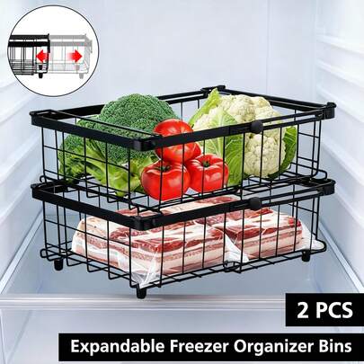 2 Pack Pantry Organizer Bins Fruit Freezer Storage Baskets Expandable 30-46cm Black/White