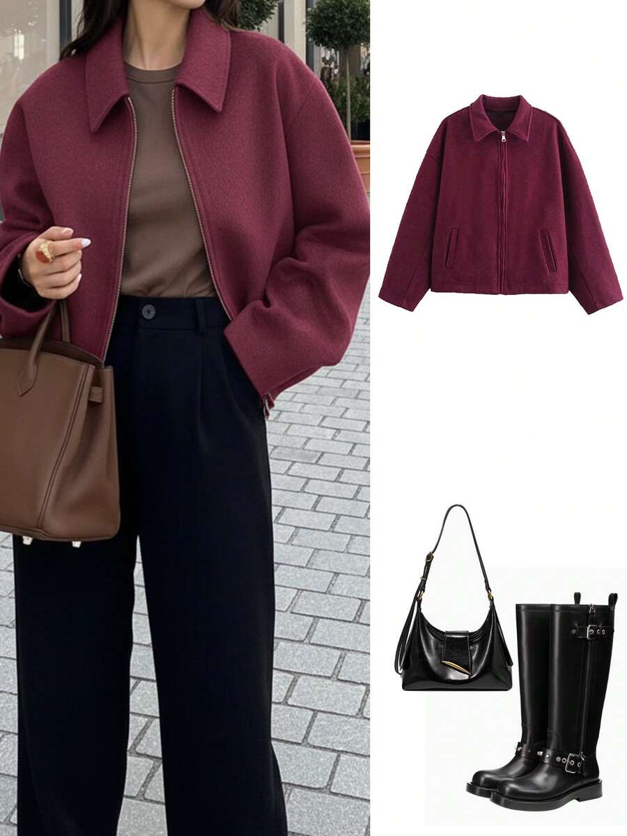 Women's Fashion Minimalist Versatile Commuting Zipper Wool Coat - Red Violet - View 1