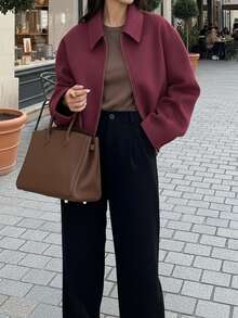 Women's Fashion Minimalist Versatile Commuting Zipper Wool Coat - Red Violet - View 2