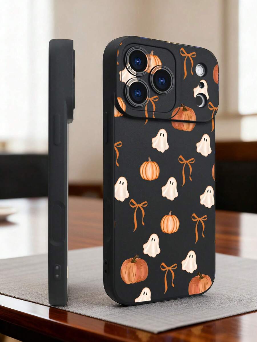 1 pieza Funda de teléfono con diseño de calabazas y fantasmas en estilo festivo, ideal para temporada de Halloween y amantes de la decoración temática otoñal, protección elevada para lente con diseño de ojo, resistente a golpes, compatible con iPhone17 ProMax/16/15/14/13/12/11/Plus/Pro/ProMax, compatible con Galaxy A34/A35/A54/A55, Galaxy S20/S21/S22/S23/S24/S25 Ultra/Plus, compatible con Galaxy/Redmi/Honor/OPPO/ViVo - Negro - Ver 1
