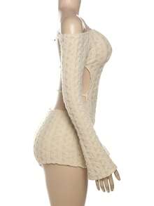 街头风格露肩长袖露背修身连体裤 - 卡其色 - 查看 3