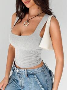 Women's Solid Color Double-Layer Pleated Square Neck Camisole, Spring/Summer - Light Grey - View 6