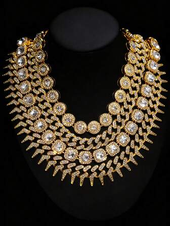 1 pieza Collar de estilo vintage geométrico con moneda, totalmente cubierto de rhinestones, de estilo callejero punk y lujoso, versátil, para uso diario y fiestas de los hombres