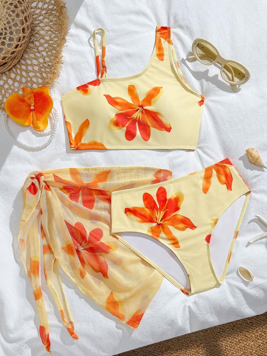 Bộ bikini tankini cổ lệch in hoa cho bé gái tuổi teen kèm chân váy - Màu vàng - Xem 1