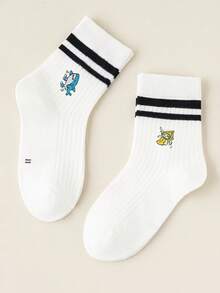 随机赠送1/5双儿童卡通趣味印花袜子套装，图案包括猴子、香蕉、恐龙、鲨鱼和咖啡女郎，可爱平行条纹设计，学生必备袜子 - 彩色 - 查看 5