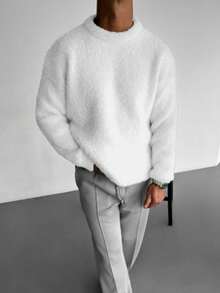 Unisex Fluffy Round Neck Sweater, Korean Style Casual Loose Fit Knitted Pullover Top, Suitable For Autumn, Winter, Back To School