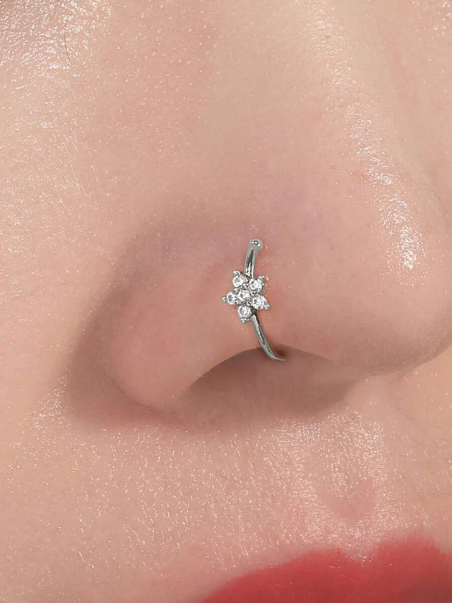 Nooxian 1pc Copper Zirconia Pentagram Nose Ring, 2-In-1 Nose Ring With Zirconia Snowflake Nose Piercing Accessory - Silver - View 1