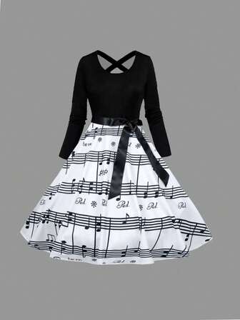 Music Note Print Retro V-Neck Tie Waist Casual Dress For Women
