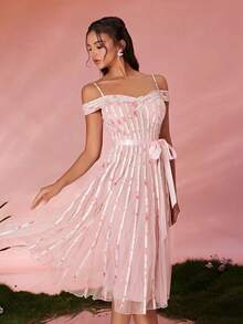 Mgiacy Women's Off‑Shoulder Mesh Ruched Evening Gown – Luxurious High‑End Formal Dress - Pink - View 3