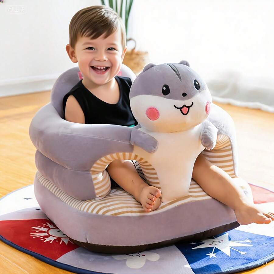 LOVEWE 1-Piece Cartoon Animal Plush Sofa Chair - Durable Thickened Learn To Sit Up Seat | Christmas Living Room/Bedroom Kids Furniture - 大象灰 - 查看 1