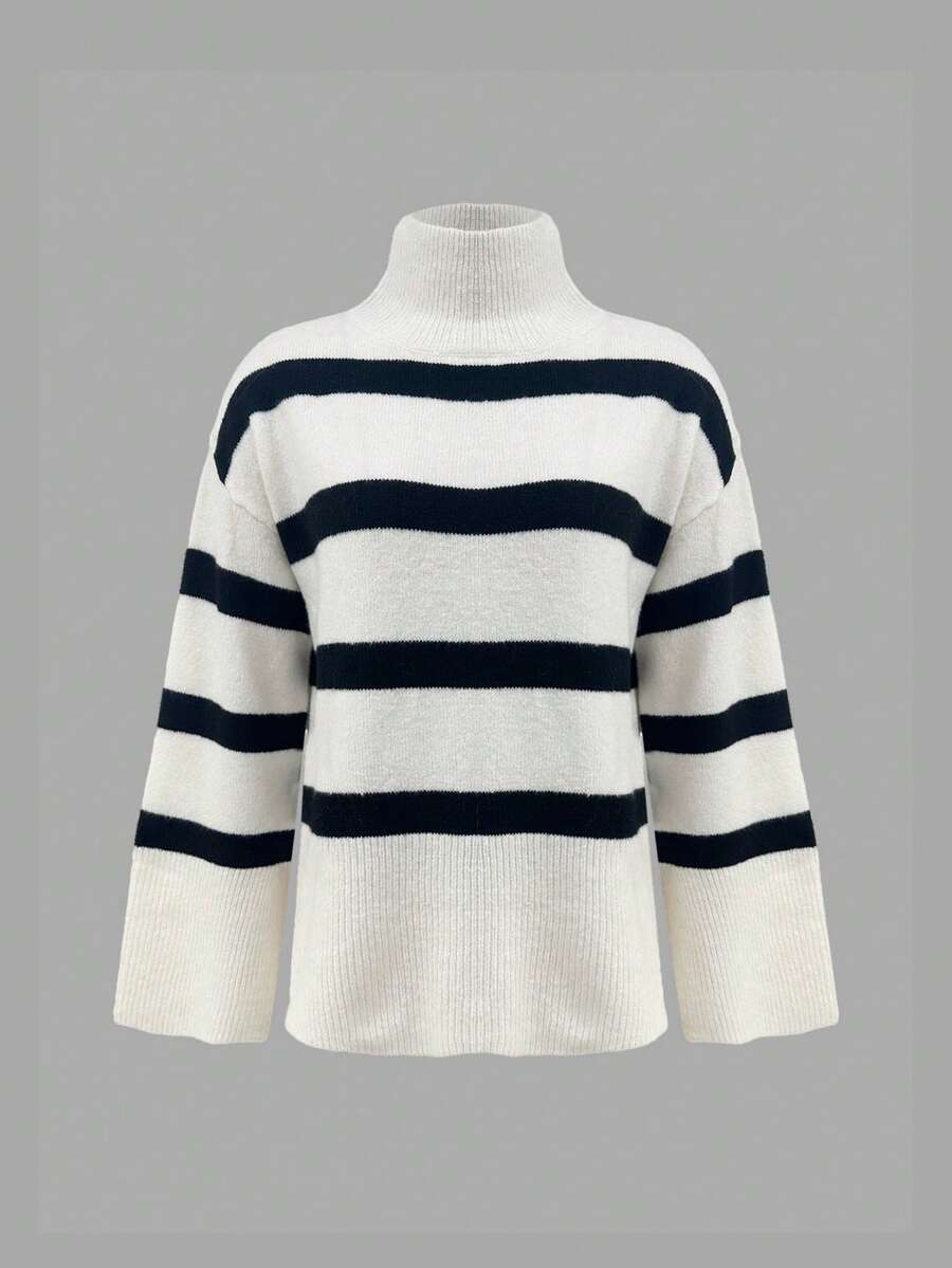 女士时尚针织条纹宽松高领长袖套头衫，常规长度，时尚侧开衩，适合日常穿着 - 黑杏色 - 查看 1