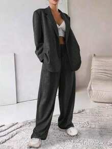 2pcs Solid Color Double-Breasted Faux Pocket Women Suit Set, Suitable For Office And Everyday Wear, All Seasons Spring - Dark Grey - View 1