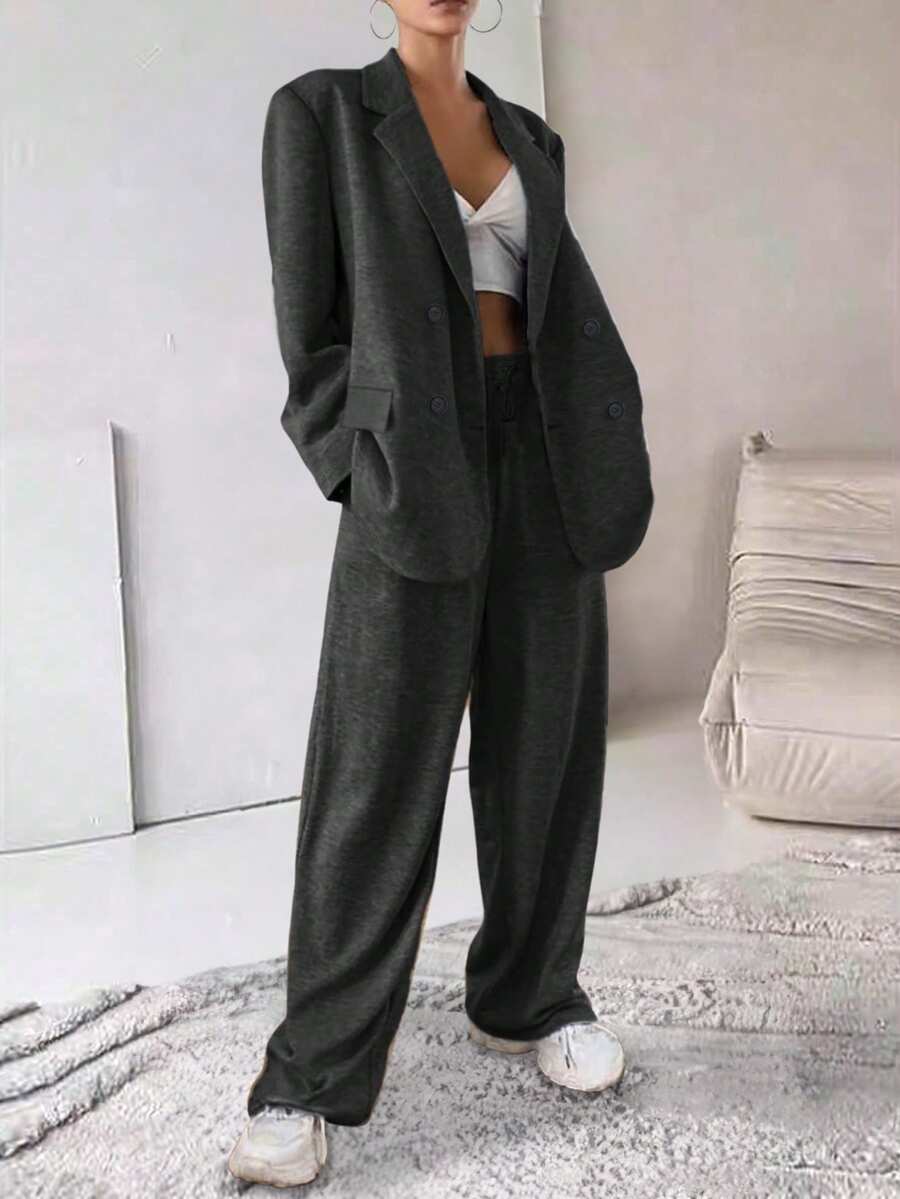 2pcs Solid Color Double-Breasted Faux Pocket Women Suit Set, Suitable For Office And Everyday Wear, All Seasons Spring - Dark Grey - View 1