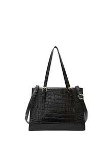 New Crocodile Embossed Handbag With Accessories, PU Material - Black - View 10