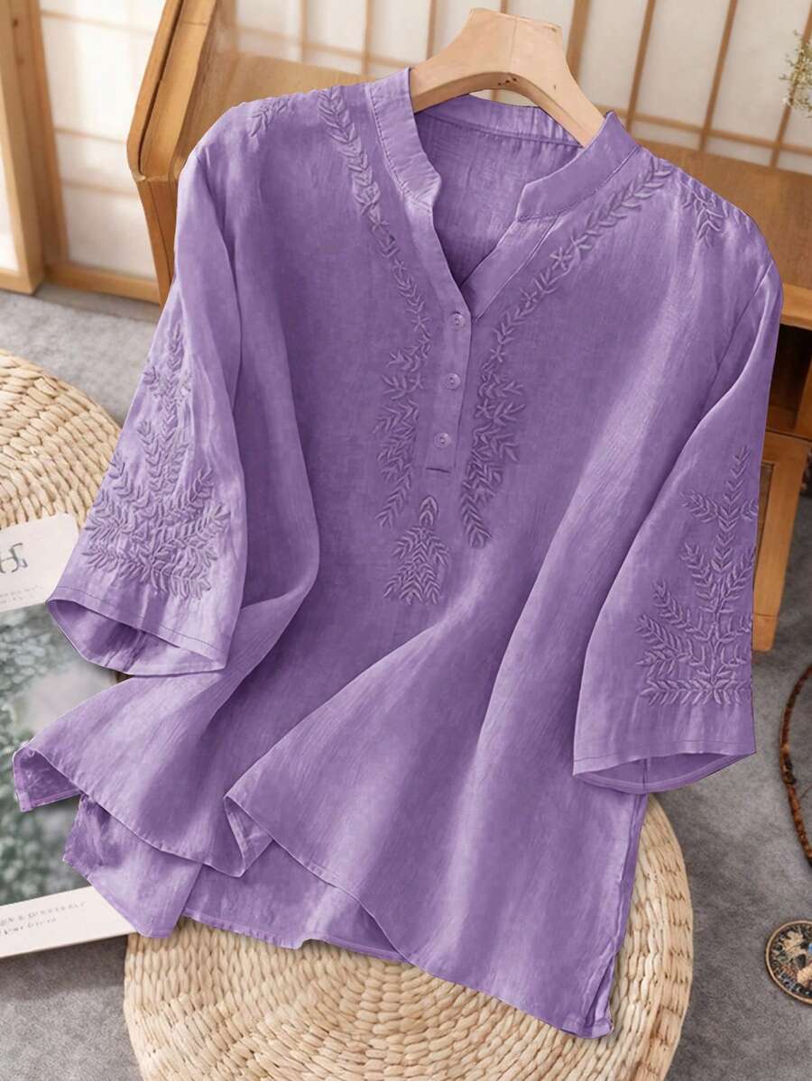 Damen Bluse aus Leinen mit asymmetrischer Stickerei in Unifarbe, für Frühling und Sommer, locker geschnitten