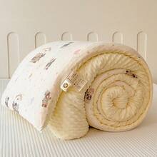 1pc Cartoon Print Knitted Fabric & Velvet Pom-Pom Comforter, Quilted Duvet, All Season Down Alternative Bedding, With Corner Ties, Warm & Soft Quilting Technique, Suitable For Bedroom, Guest Room