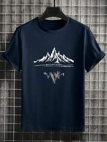 Men's Round Neck Short Sleeve T-Shirt Printed With Stylized Mountain Pattern, A Casual Comfortable Commuting Versatile Lightweight Top, Suitable For Street, Outdoor, Daily Wear In Summer - Navy Blue - View 2