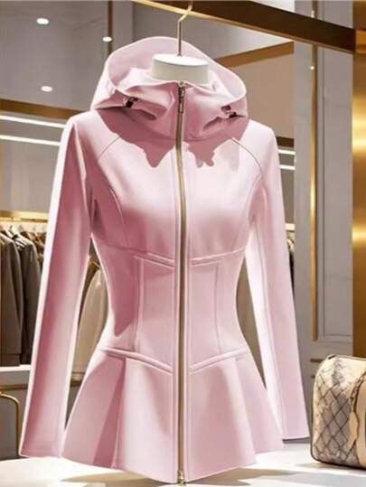 Women's Elegant Black Stand Collar Hooded Lightweight Jacket - Medium Stretch Weight Outerwear, Flared Hem, Gold Zipper Design, Versatile Streetwear, Durable Zipper Closure