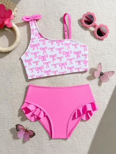 Young Girl Cute Bow Print Halter Top And Triangle Bikini Set Set, Summer Holiday