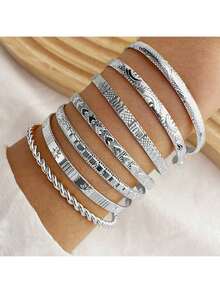 7pcs/Set Exaggerated Personalized Hammered Hexagram Twist Open Bangle Bracelet - Silver (7pcs) - View 5