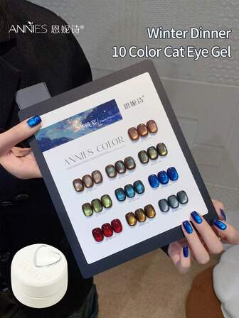 annies 5g Esmalte de uñas en gel de ojo de gato de 10 colores para cena de invierno, esmalte de uñas en gel semipermatente brillante y sedoso con bolas de vidrio magnéticas de 10 colores para arte de uñas