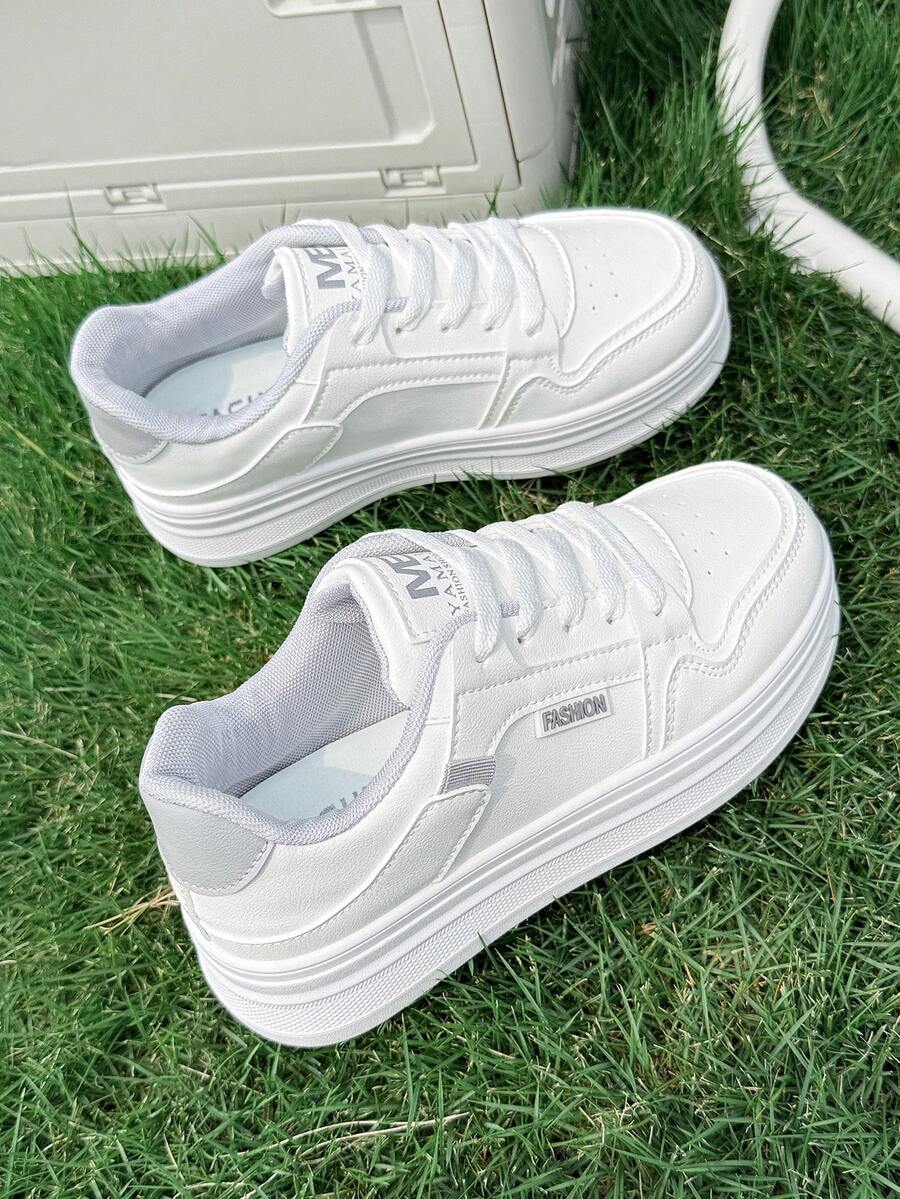 1双女士时尚厚底休闲鞋，百搭系带运动鞋，适合所有季节 - 白色 - 查看 1