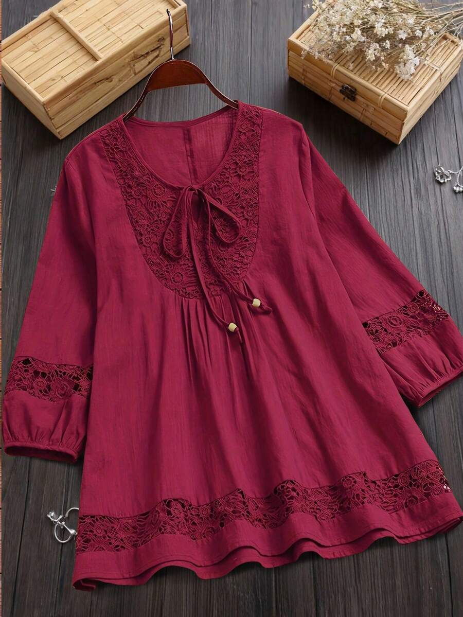 纯色蕾丝拼布领口系带宽松休闲衬衫，春夏季 - 紅色 - 查看 1