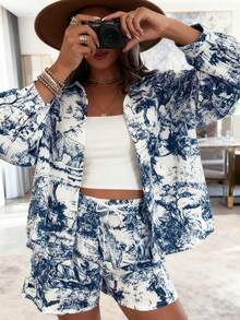 Conjunto de dos piezas de camisa de manga larga y pantalones cortos con estampado animal de moda para mujer, primavera - Multicolor - Ver 1