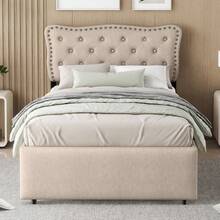 Flat Bed 90*200, Padded Bed, Bedside Table Cushion With Decorative Studs, Double Drawers, Light Beige Color - Beige Brown + MDF - View 5